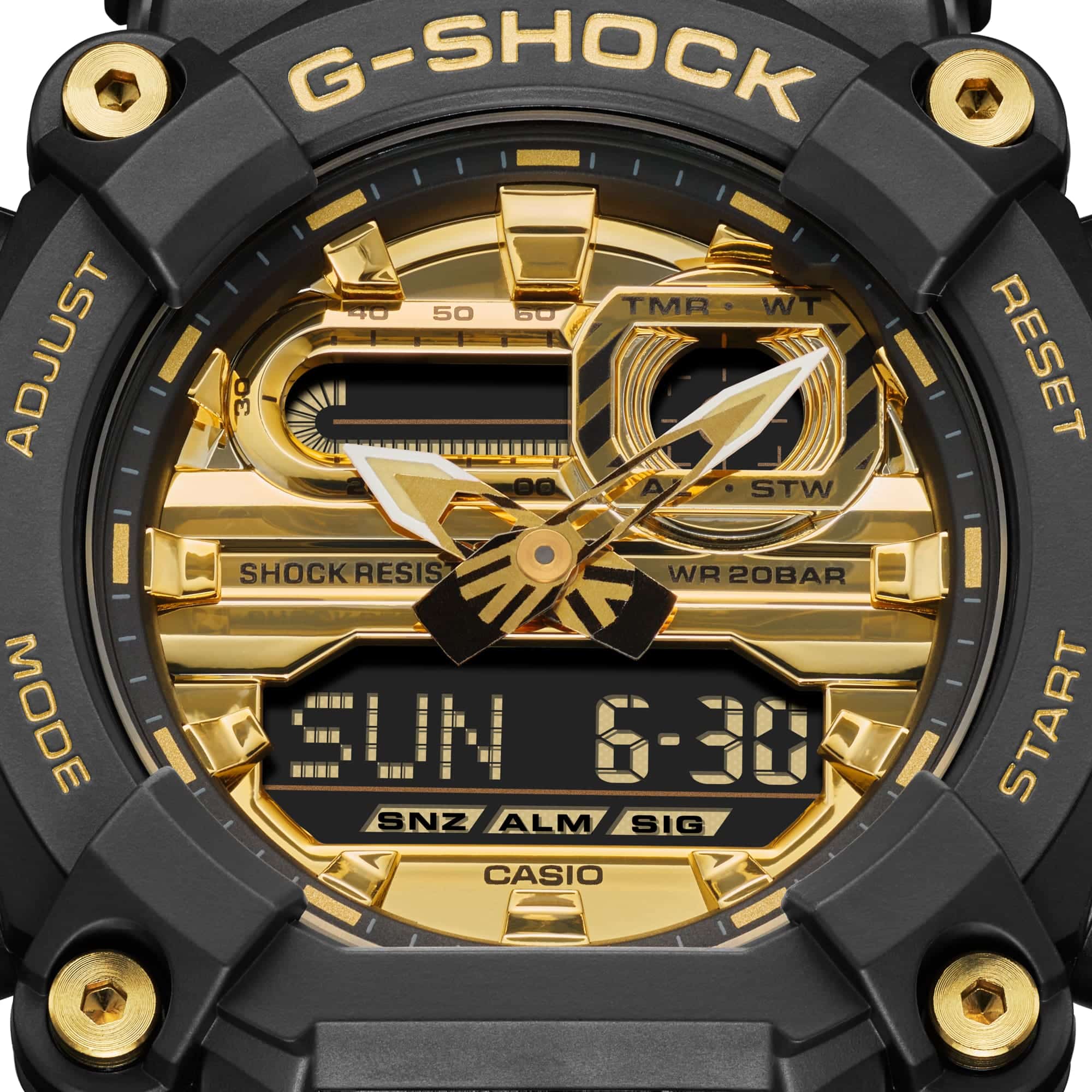 GA-900AG Reloj G-Shock Hombre Resina Negro y Dorado - Detalle de esfera