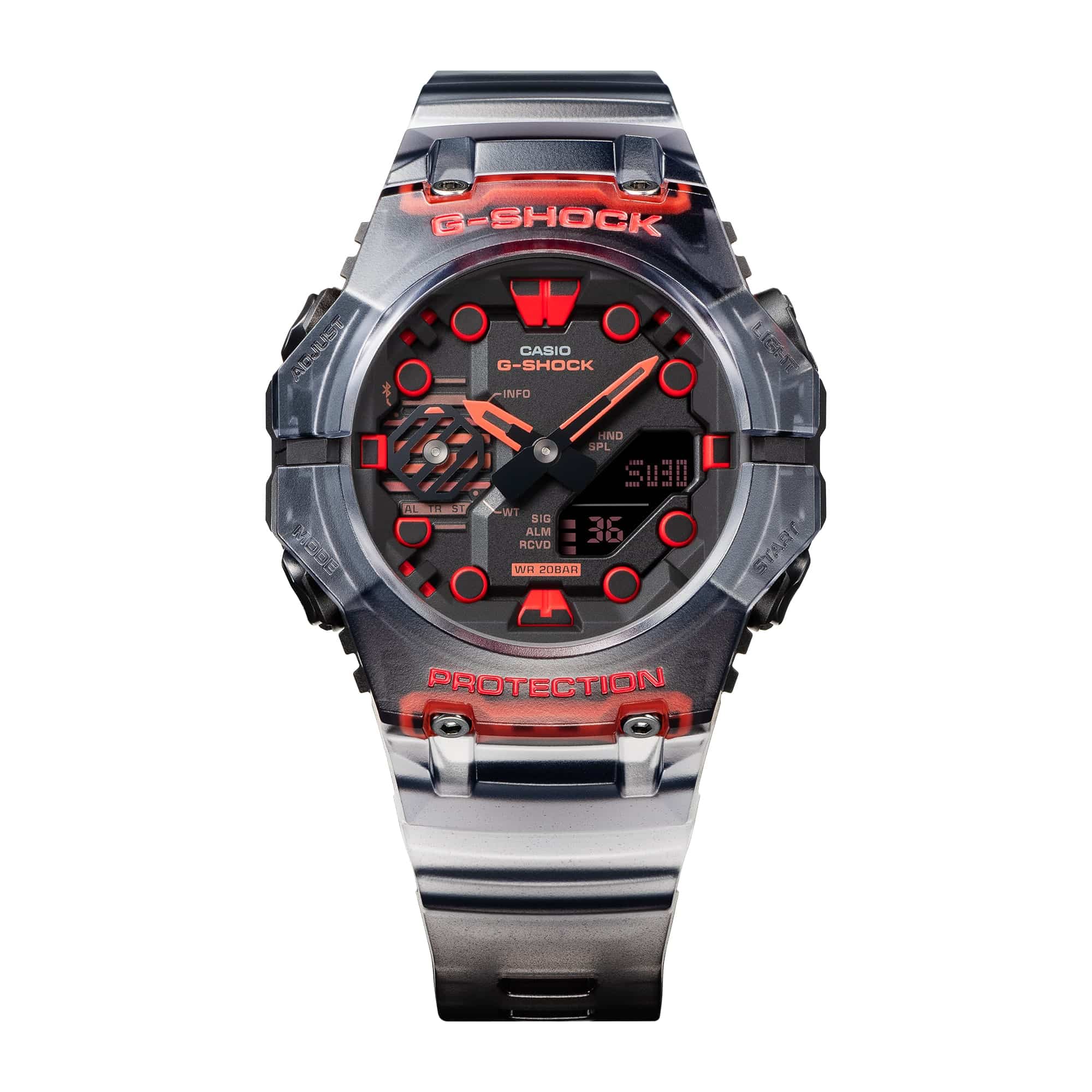 GA-B001G Reloj G-Shock Hombre Resina Negro Rojo Bluetooth - Detalle de esfera