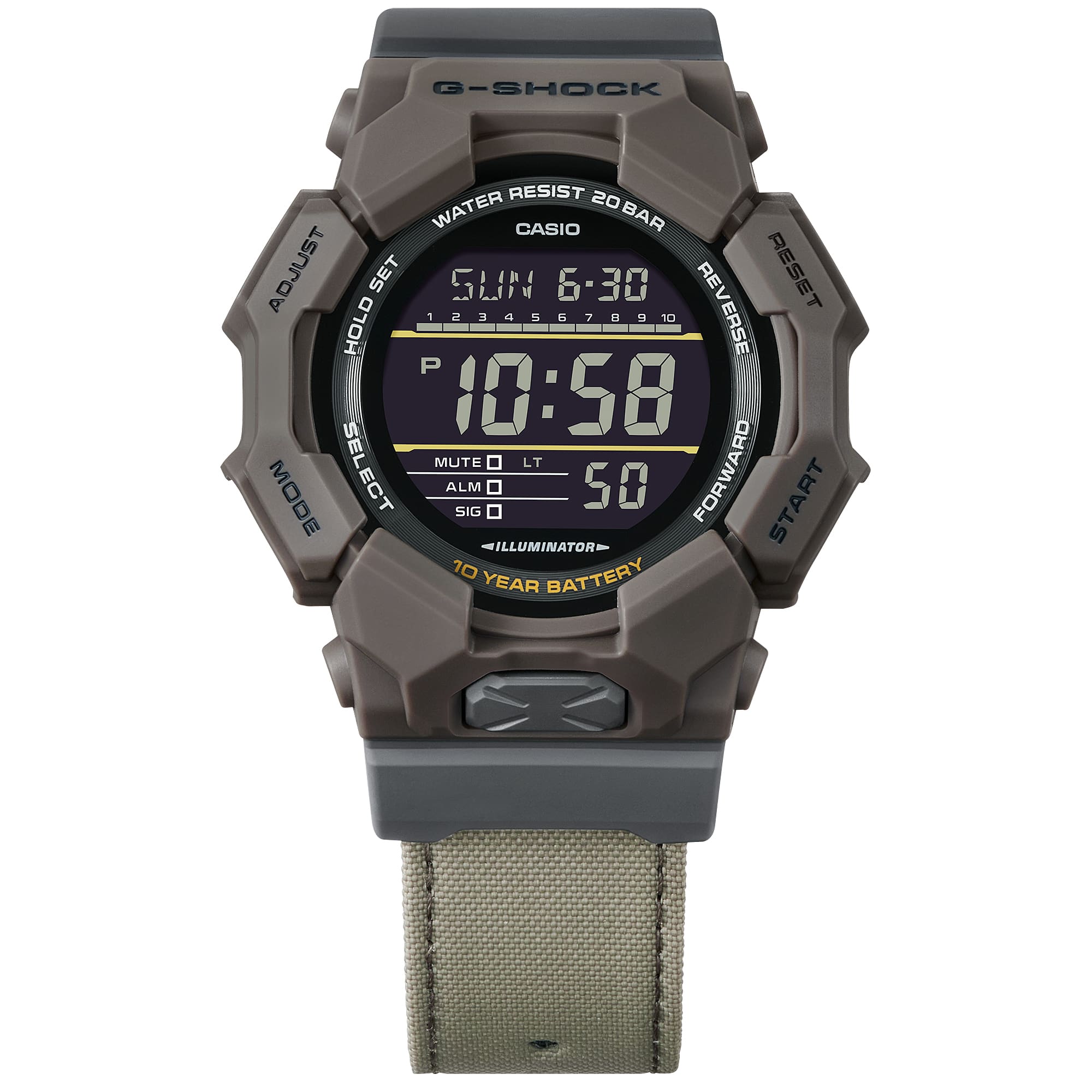 GD-010CE Reloj G-Shock Hombre Correa de Tela Marrón - Detalle de esfera
