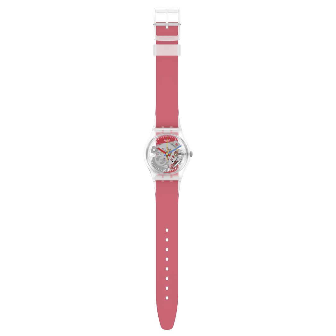 Reloj Swatch Clearly Red Striped unisex banda de resina - Vista lateral