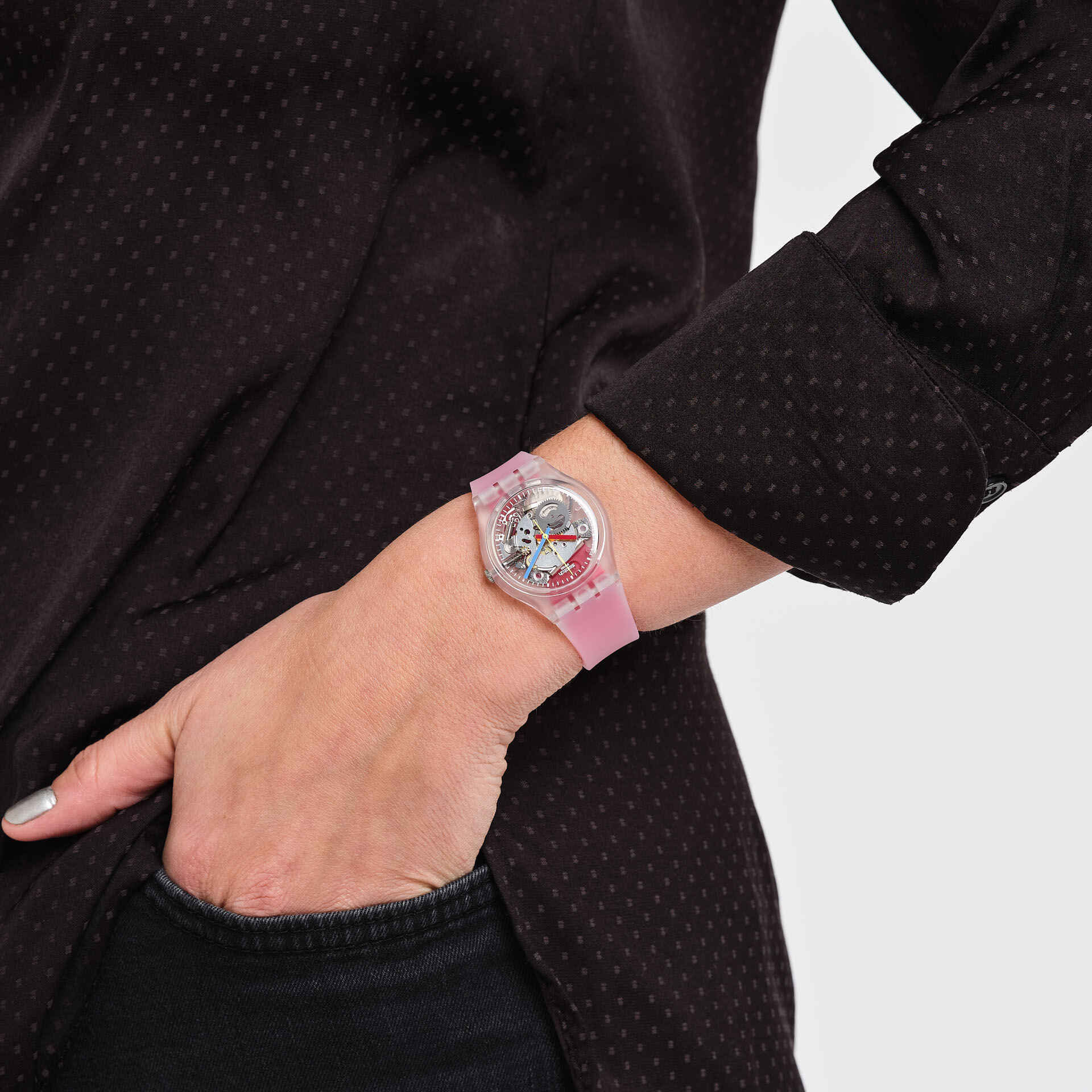 Reloj Swatch Clearly Red Striped unisex banda de resina - Vista trasera