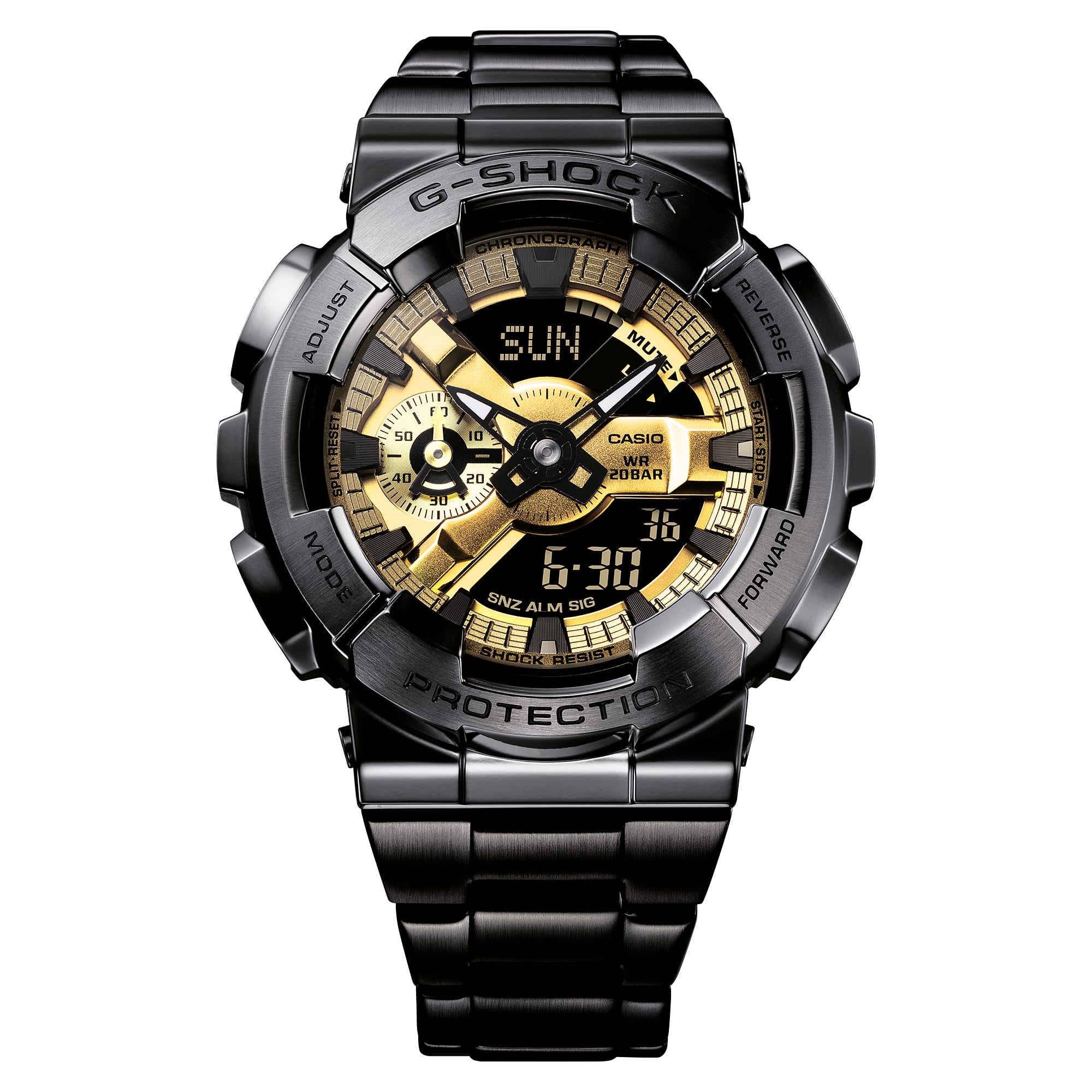 GM-110BD-1A9 Reloj G-Shock Hombre Acero Inoxidable Negro Dorado - Detalle de esfera