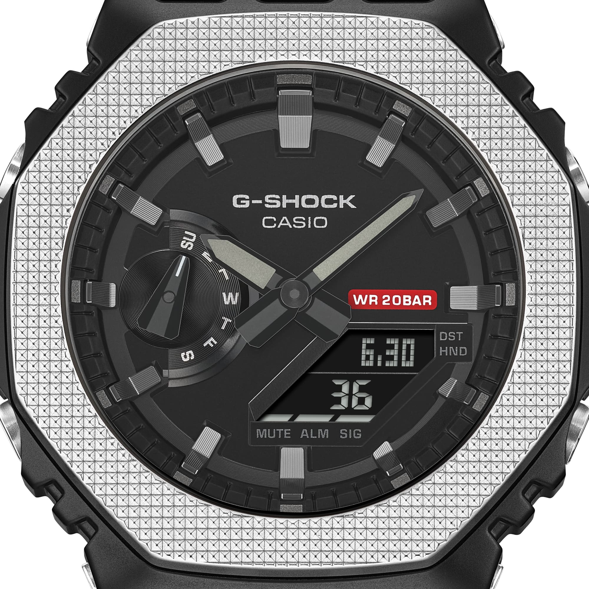 GM-2100BM Reloj G-Shock Hombre Resina Negra Patrón Plateado - Detalle de esfera