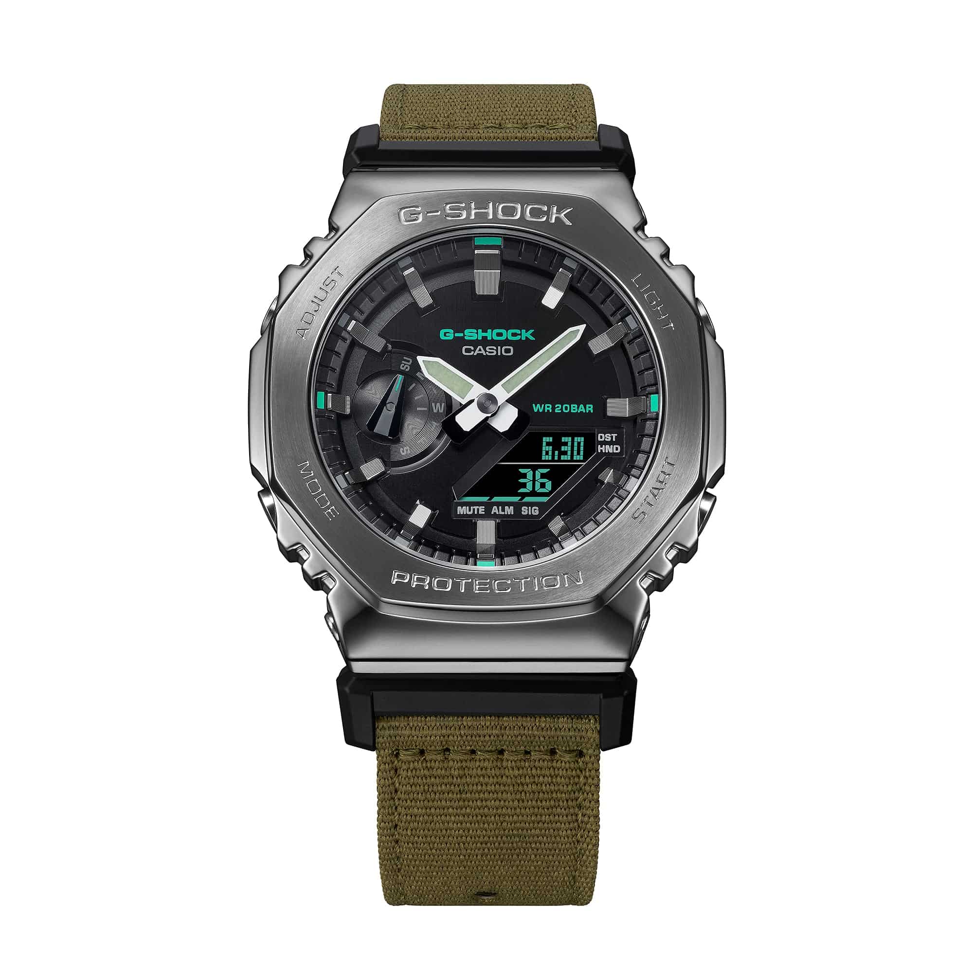 GM-2100CB Reloj G-Shock G-Steel Hombre Correa Tela Verde - Detalle de esfera