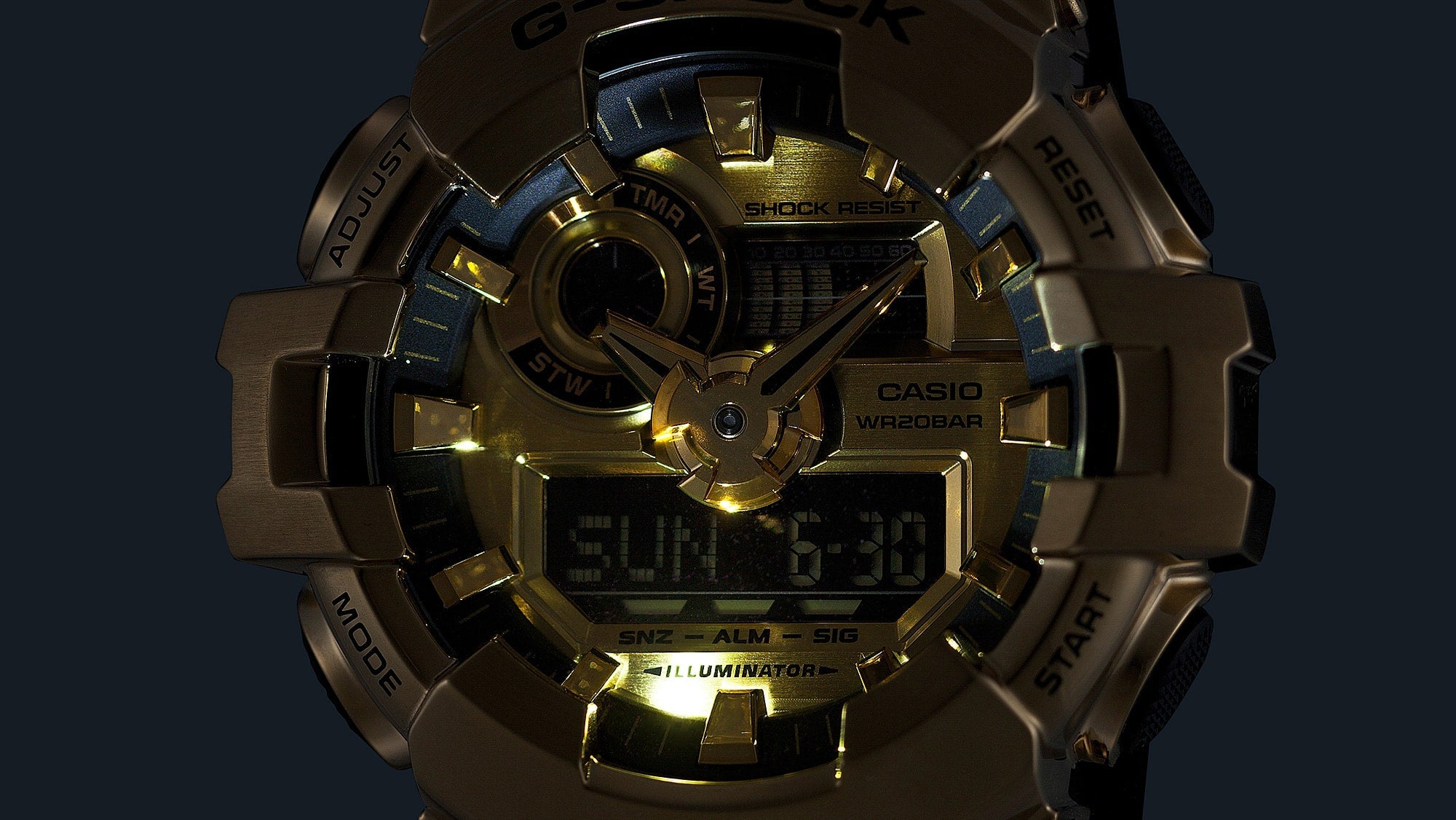 GM-700G Reloj G-Shock Hombre Caja Dorada Resina Negra - Detalle de esfera