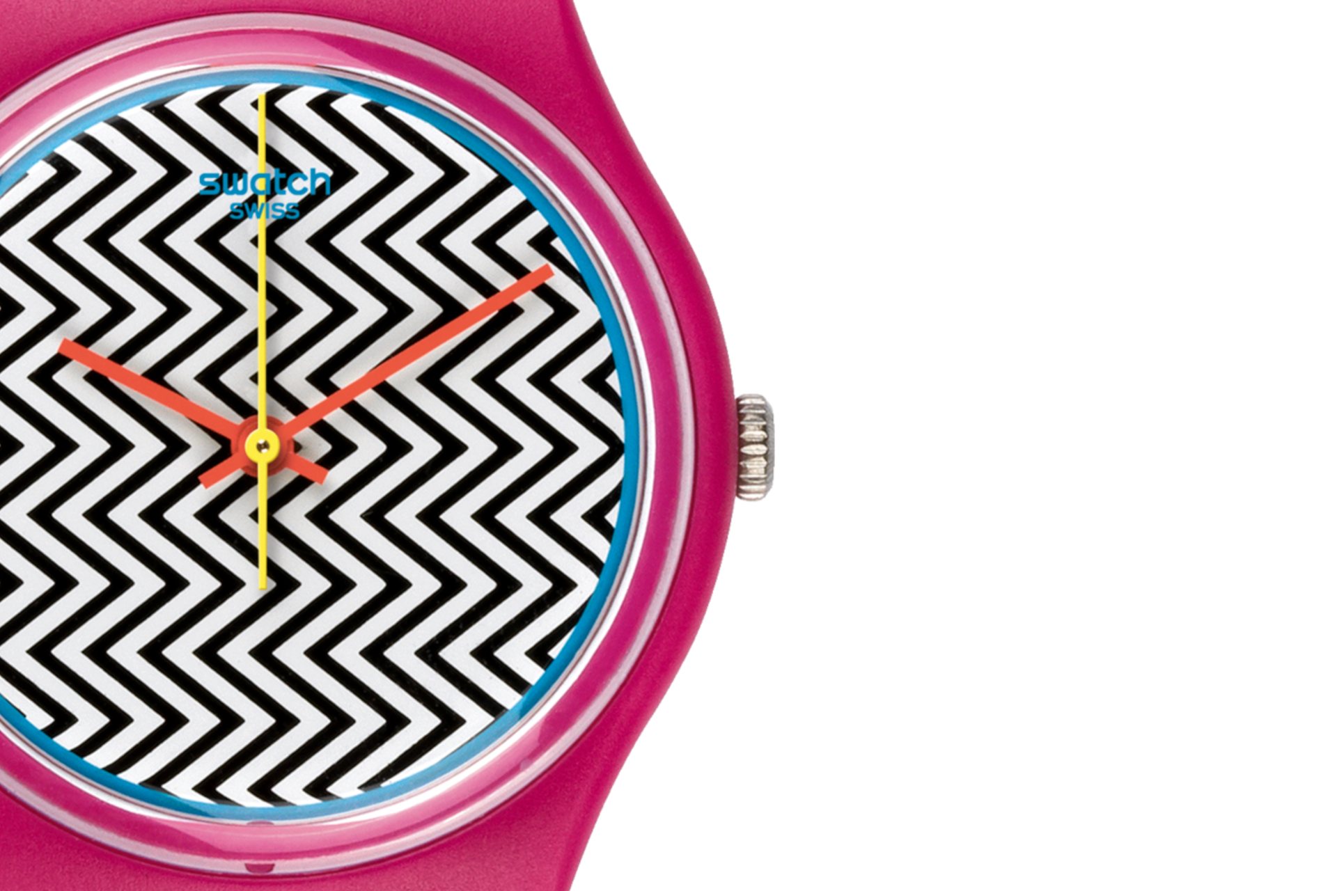 Reloj Swatch Pink Fuzz de dama pulsera de caucho - Detalle de esfera