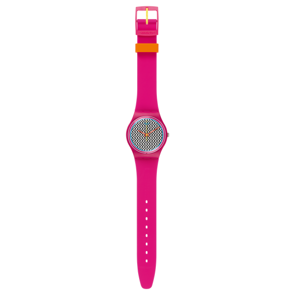 Reloj Swatch Pink Fuzz de dama pulsera de caucho - Vista lateral