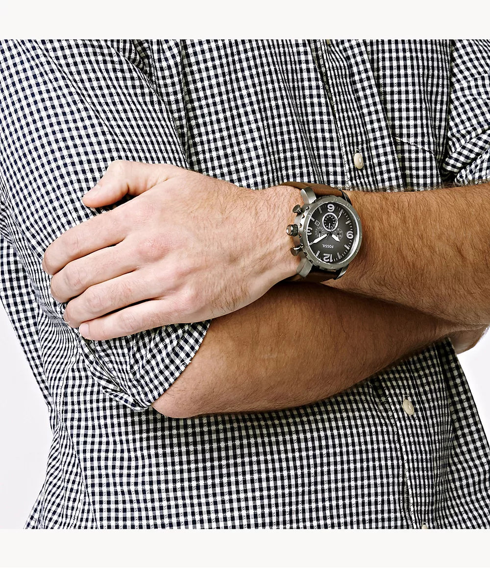 Reloj Fossil Nate Hombre Correa Cuero Marrón - Vista lateral
