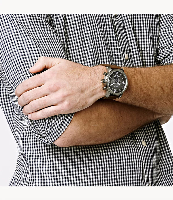 Reloj Fossil Nate Hombre Correa Cuero Marrón - Vista lateral