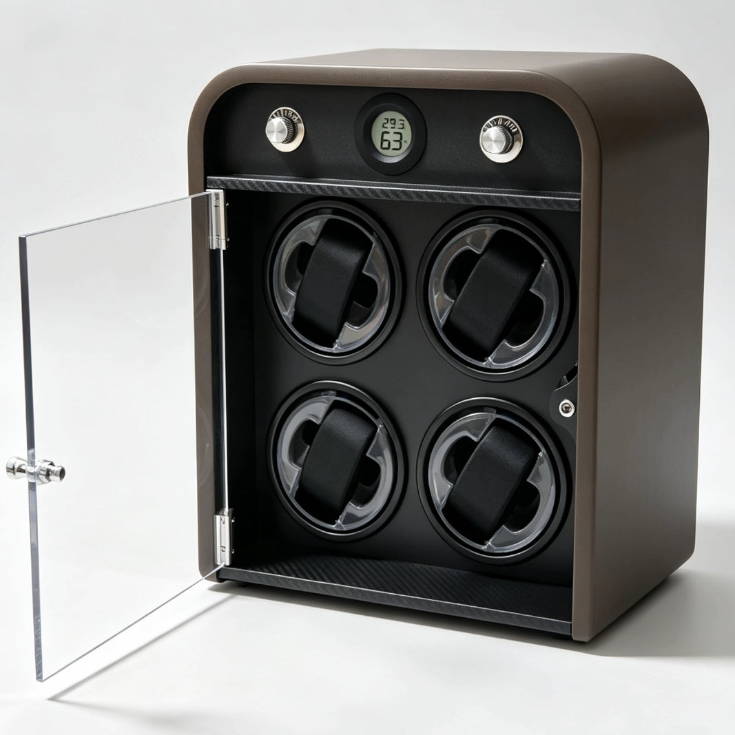 KS-14 Caja Rebobinadora de relojes 4 espacios con temperatura y porcentaje de humedad