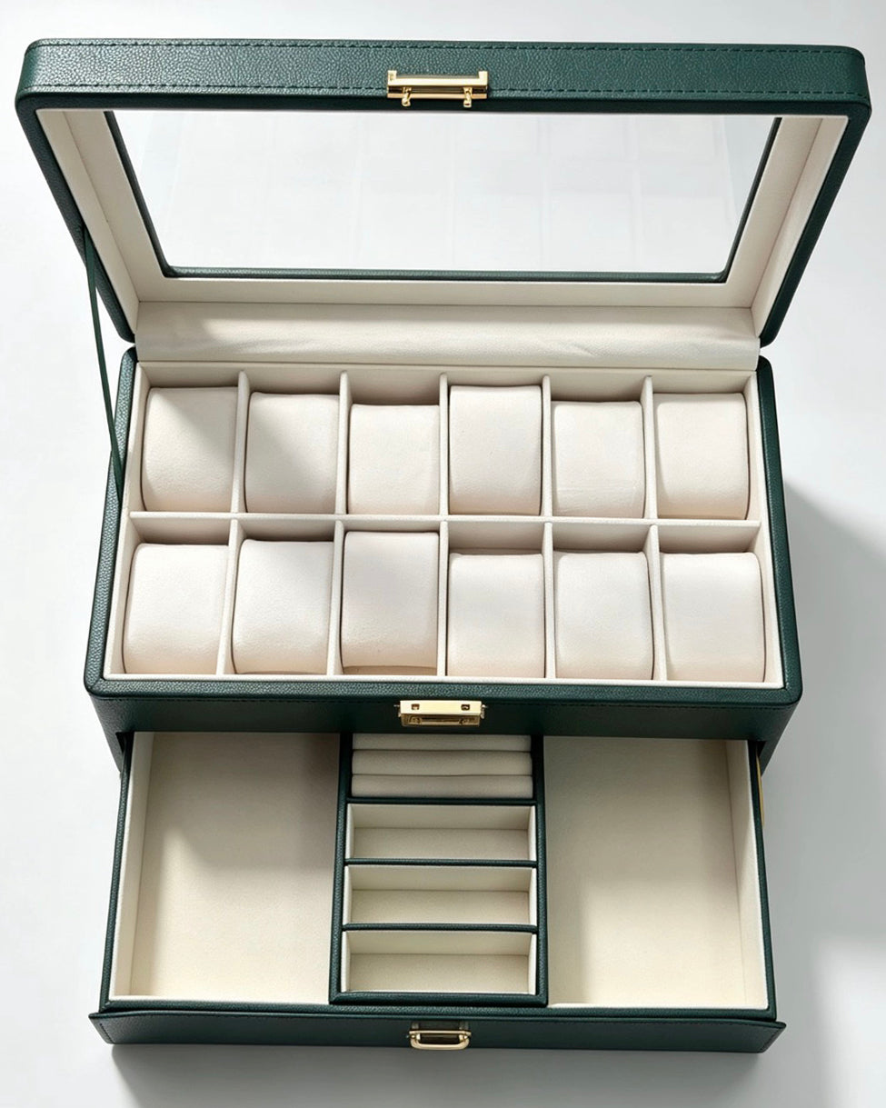 KS42 Caja Organizadora de Doble Nivel para 12 Relojes y Joyería