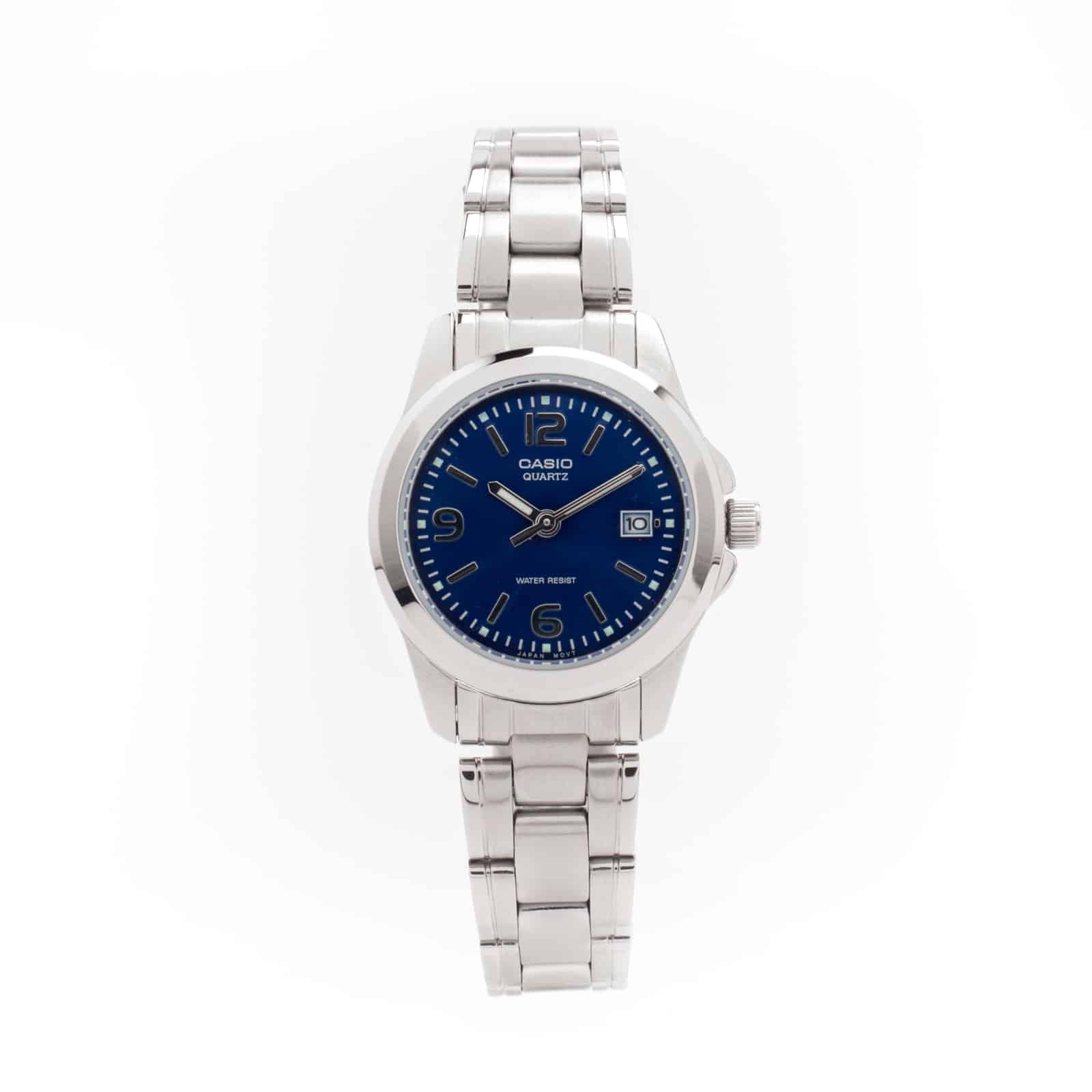 1215A Reloj Casio Mujer Correa de Acero Esfera Azul - Vista lateral