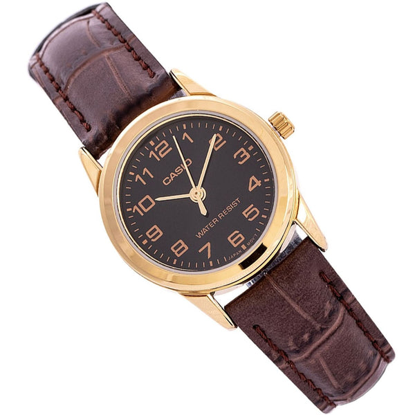 V001GL Reloj Casio Mujer Caja Dorada Correa de Cuero - Vista lateral