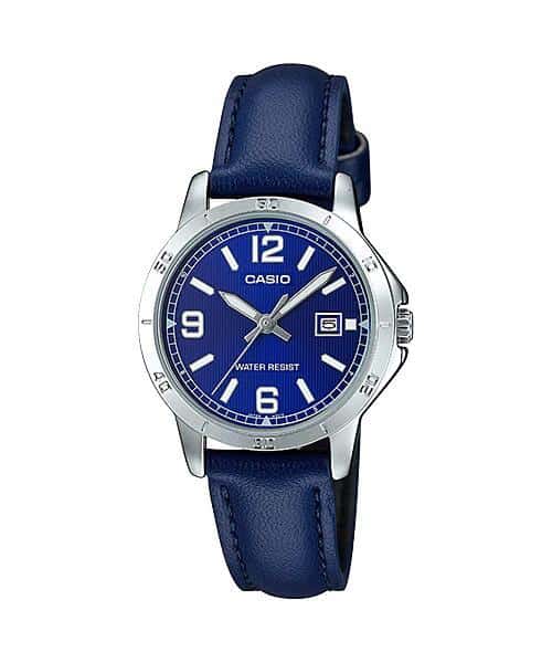 V004L Reloj Casio Mujer Correa de Cuero Azul - Reloj original en Guatemala