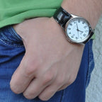 1183E Reloj Casio Hombre Correa de Cuero Negro Esfera - Vista lateral