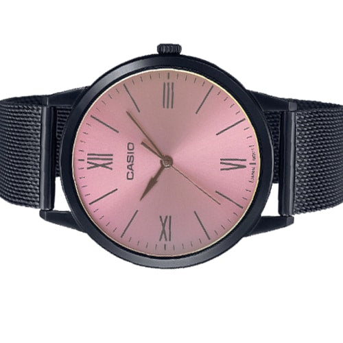 E600MB Reloj Casio Mujer Malla Acero Negra Esfera Rosa - Vista lateral