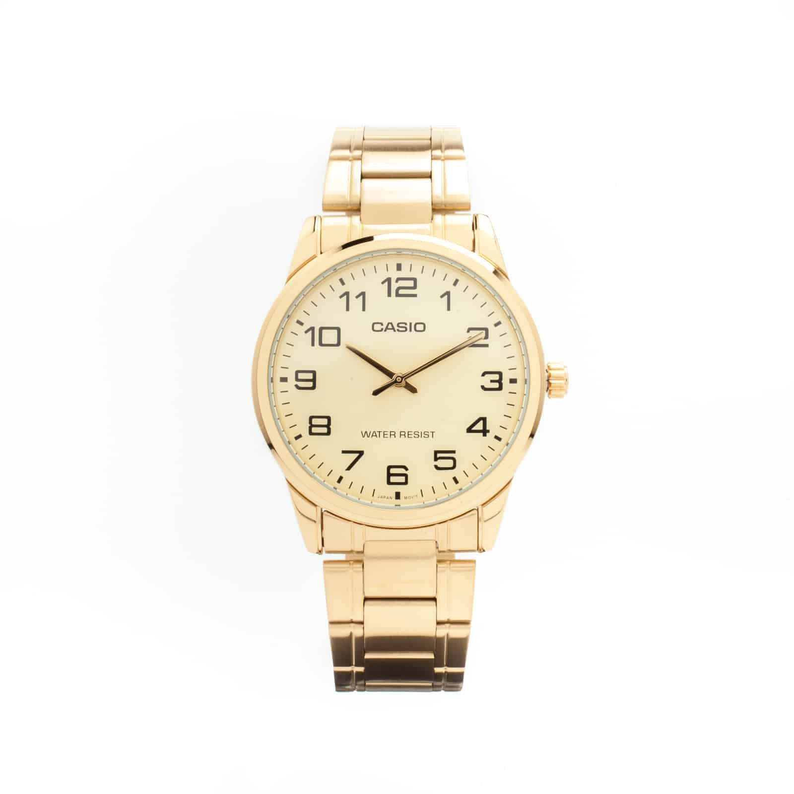 V001G Reloj Casio Clásico Hombre Correa de Acero Dorado - Vista lateral