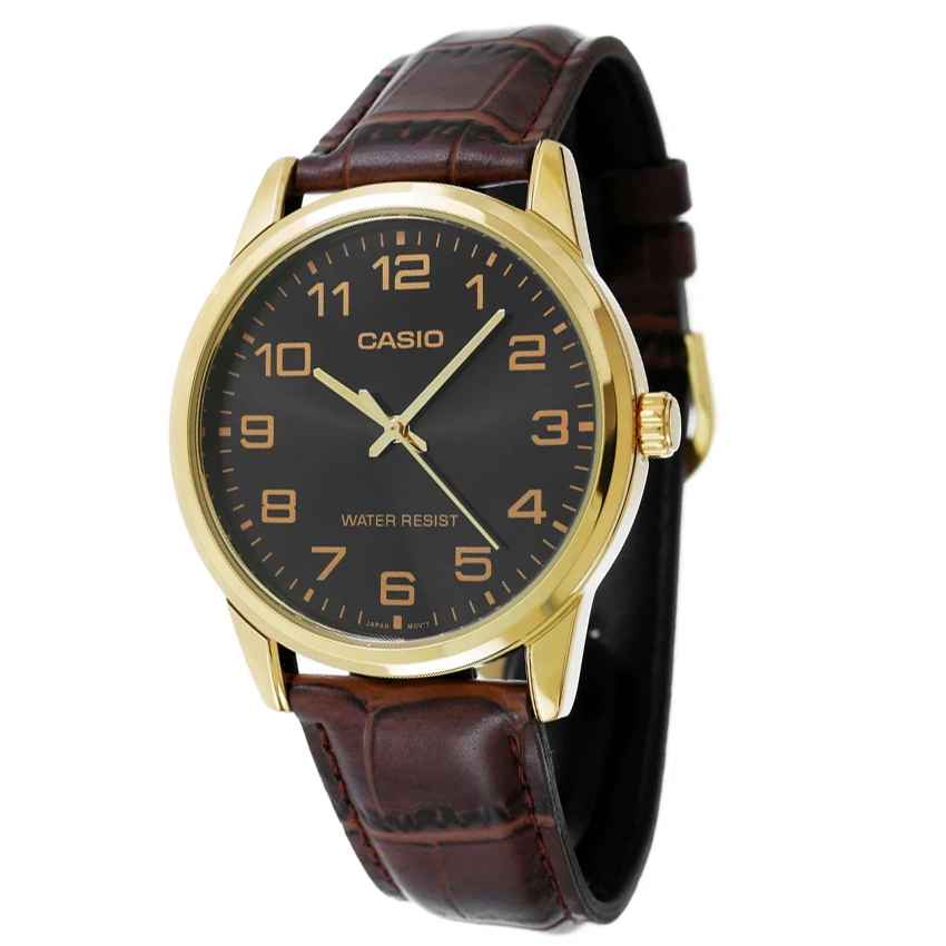 V001GL Reloj Casio Hombre Caja Dorada Correa de Cuero - Detalle de esfera