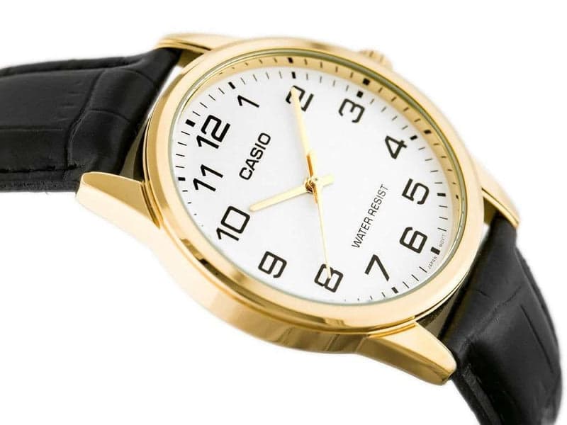 V001GL Reloj Casio Hombre Correa de Cuero Negro Caja - Vista lateral