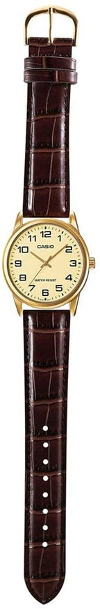 V001GL Reloj Casio Clásico Hombre Correa Cuero Dorado - Vista trasera