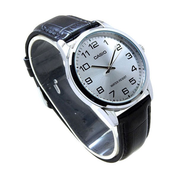 V001L Reloj Casio Hombre Correa Cuero Negra Esfera Plata - Vista lateral