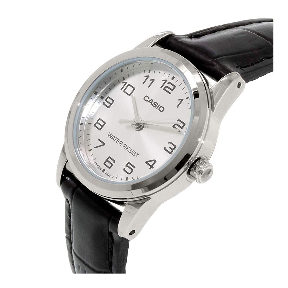V001L Reloj Casio Hombre Correa Cuero Negra Esfera Plata - Detalle de esfera