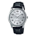 V001L Reloj Casio Hombre Correa Cuero Negra Esfera Plata - Reloj original en Guatemala