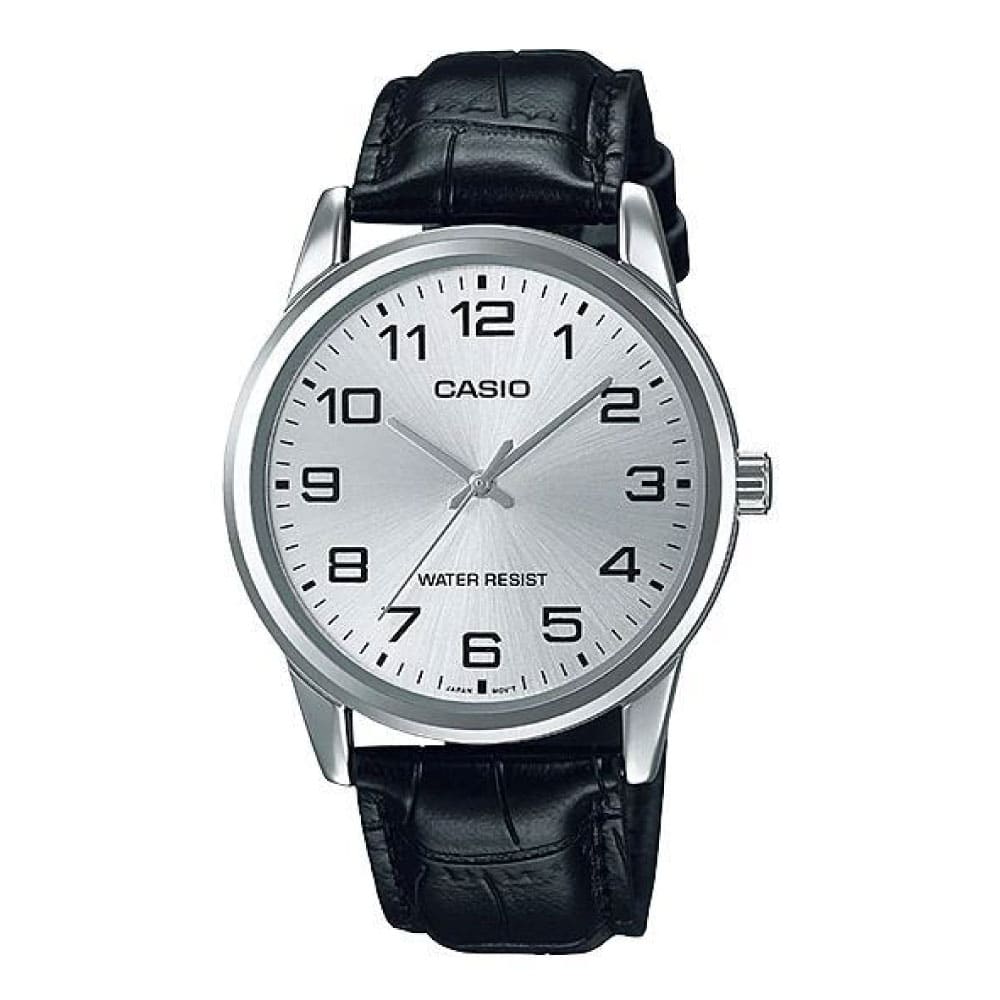 V001L Reloj Casio Hombre Correa Cuero Negra Esfera Plata - Reloj original en Guatemala