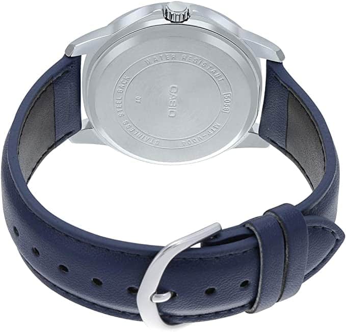 V004L Reloj Casio Hombre Correa de Cuero Azul - Vista trasera