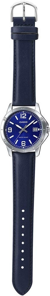 V004L Reloj Casio Hombre Correa de Cuero Azul - Vista lateral