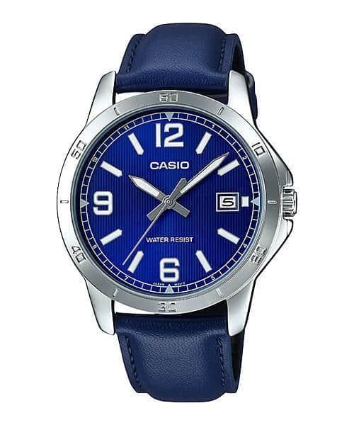 V004L Reloj Casio Hombre Correa de Cuero Azul - Reloj original en Guatemala