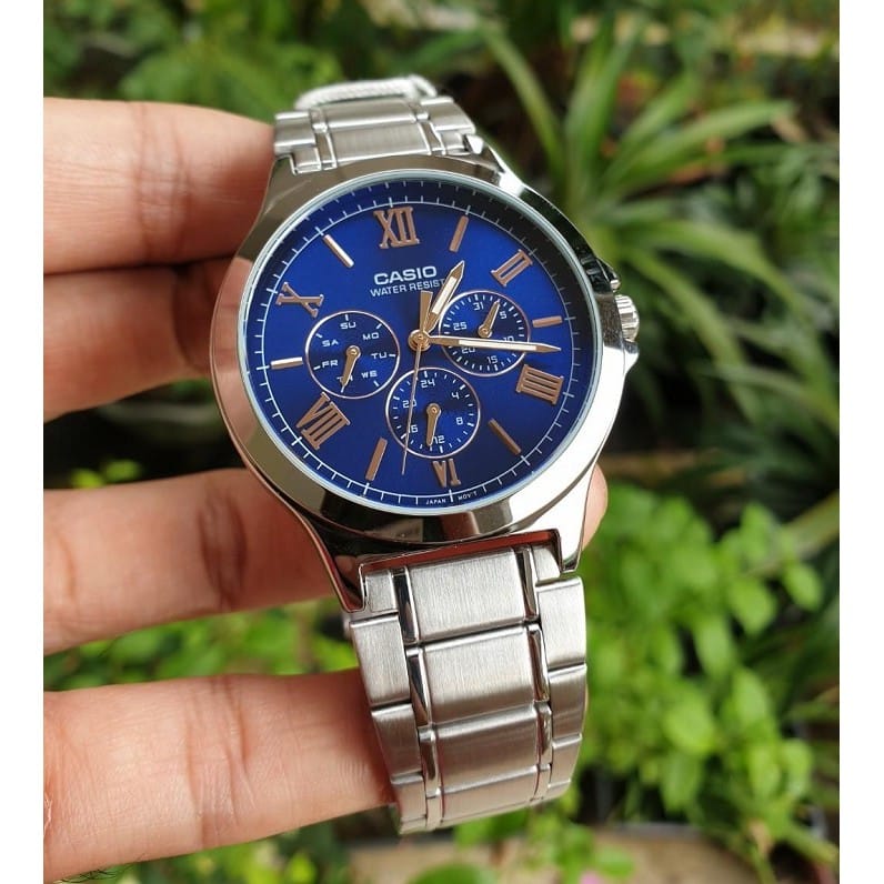 V300D Reloj Casio Hombre Correa de Acero Esfera Azul - Vista lateral
