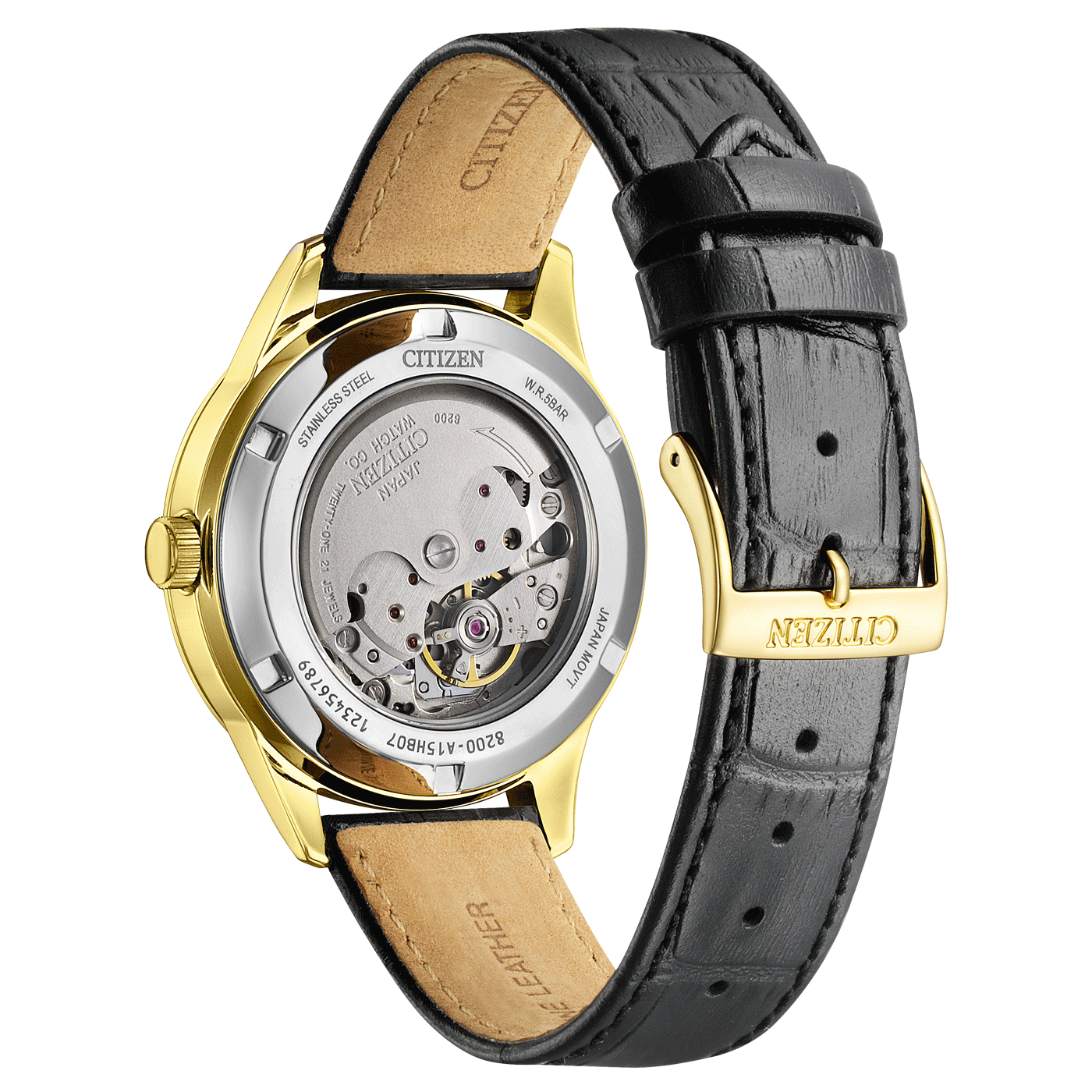 Reloj Citizen Automático Hombre Piel Negra Dorado - Vista lateral