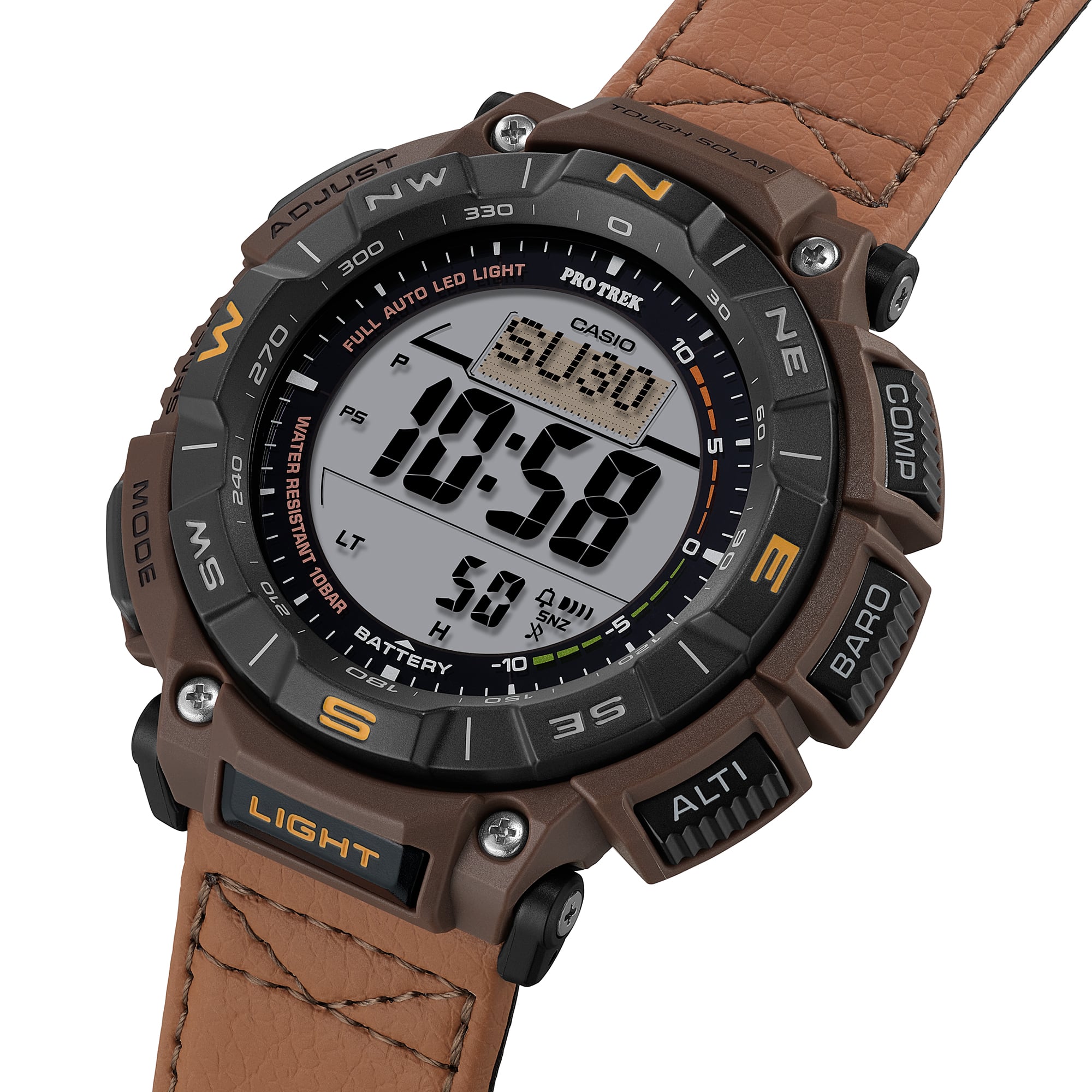 340L Reloj Casio Pro-Trek Hombre Correa Piel Marrón - Detalle de esfera