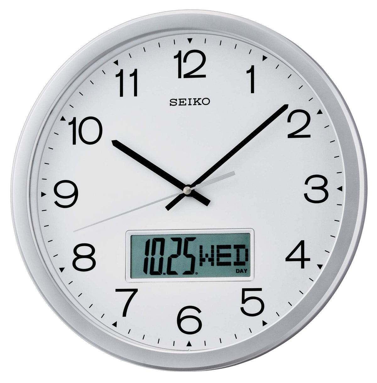 QXL007 Reloj Seiko de pared analógico con calendario LCD - Blanco