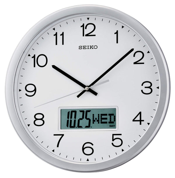 QXL007 Reloj Seiko de pared analógico con calendario LCD - Blanco