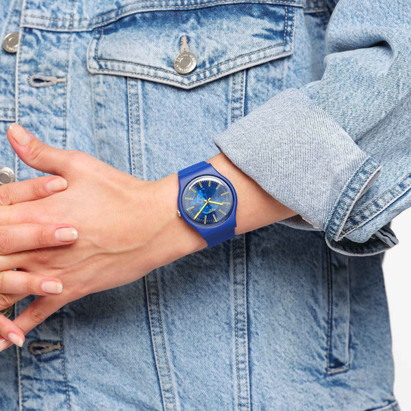 SO29N101 Reloj Swatch Sunbrush Sky unisex pulsera de caucho - Resina Azul