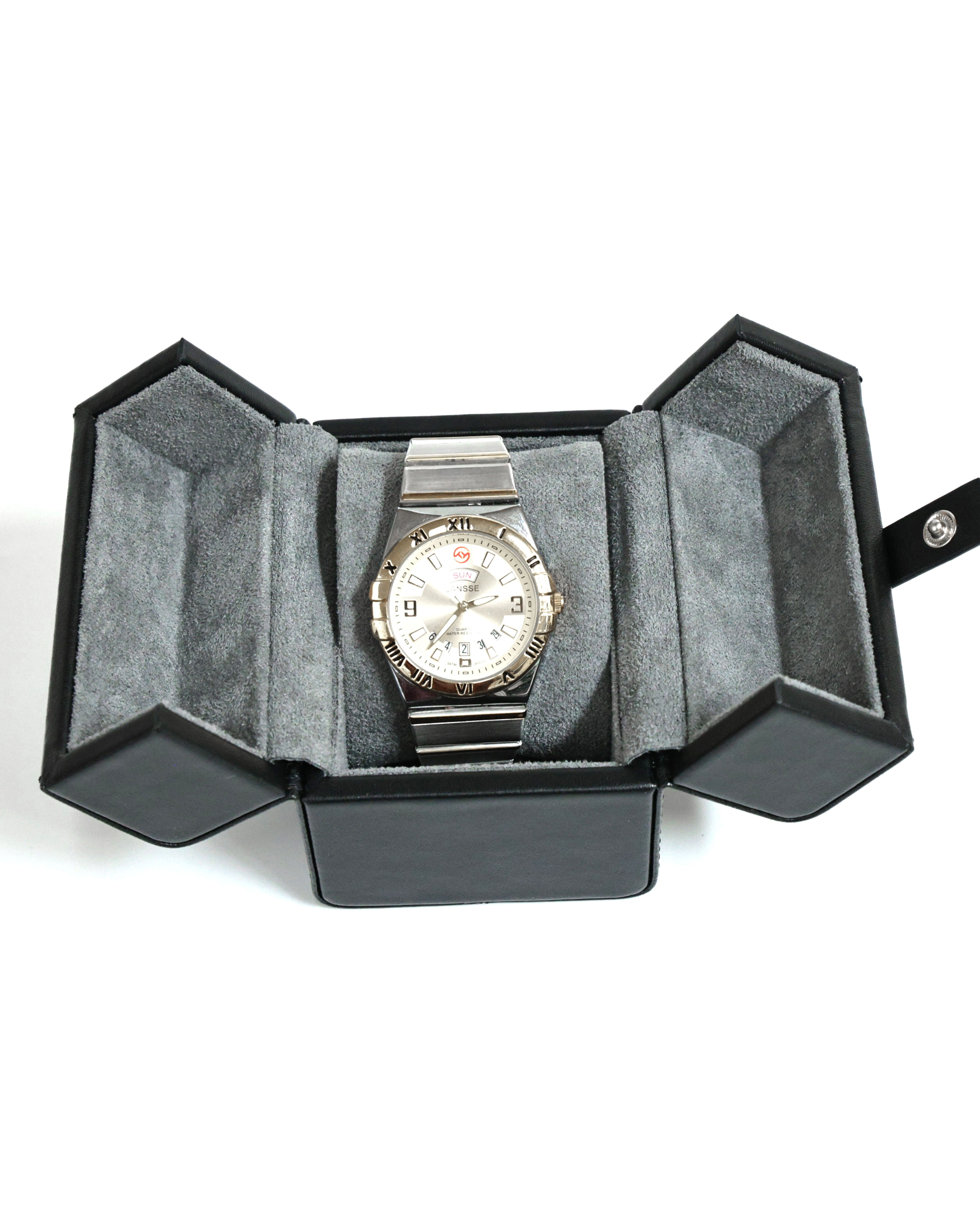 TC-012 Caja de reloj Tancy para viaje de cuero - Negro - Acero Inoxidable Plateado