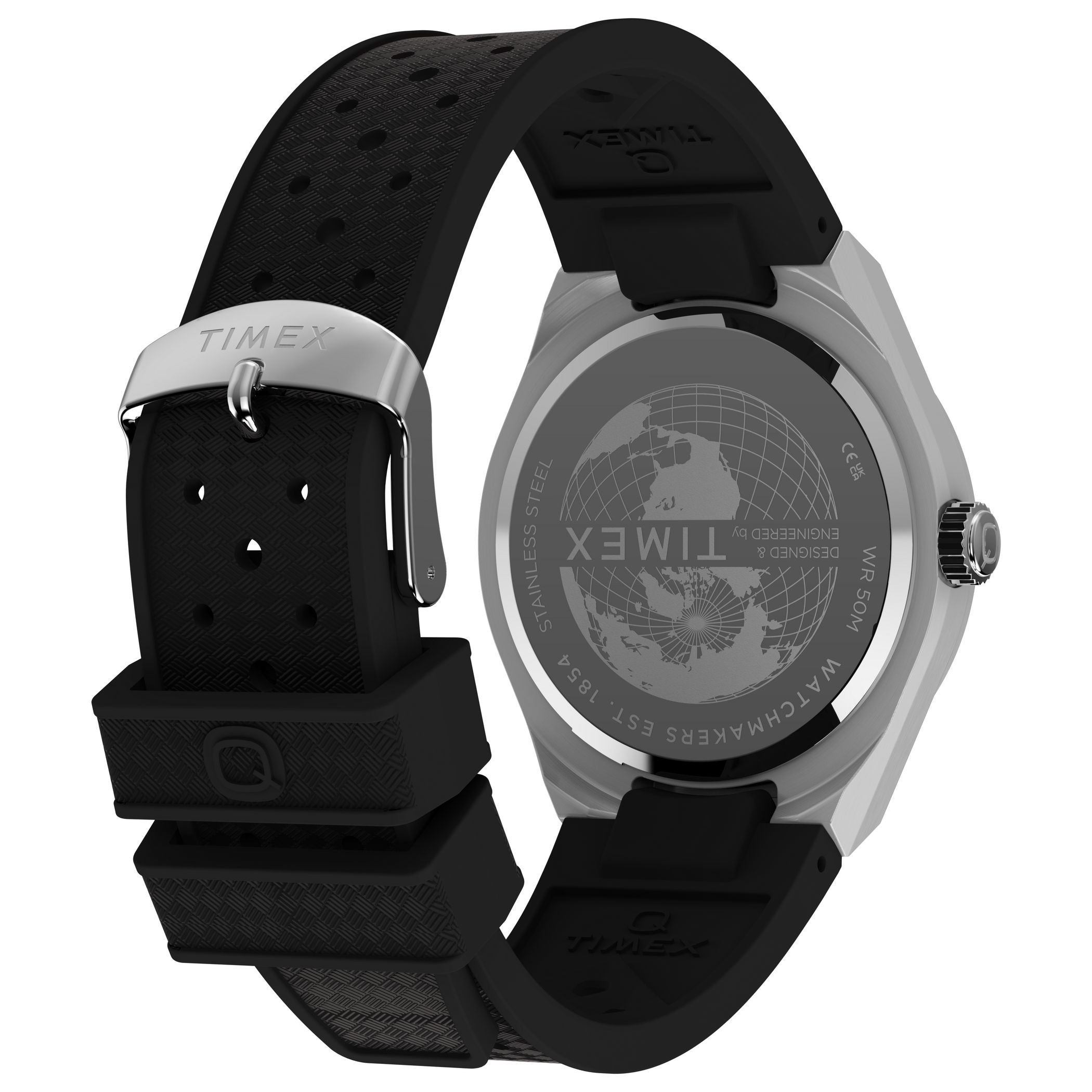 TW2Y24900 Reloj Timex Q GMT Hombre Acero Caucho Negro
