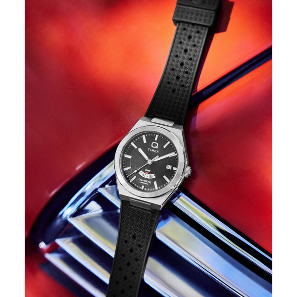 TW2Y24900 Reloj Timex Q GMT Hombre Acero Caucho Negro