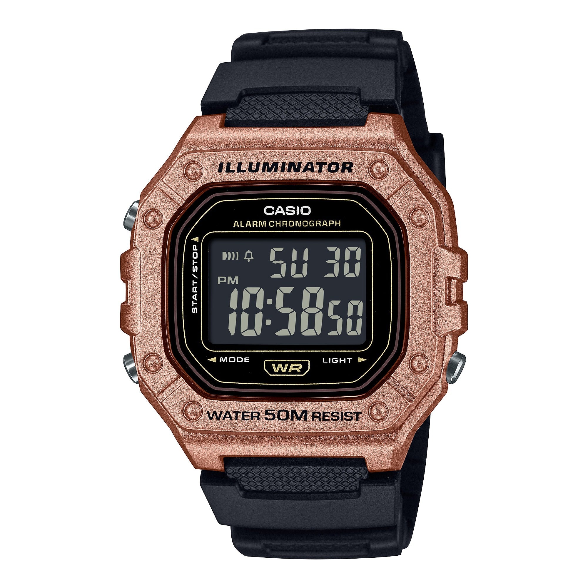W-218HM Reloj Casio Unisex Resina Oro Rosa Correa Negra