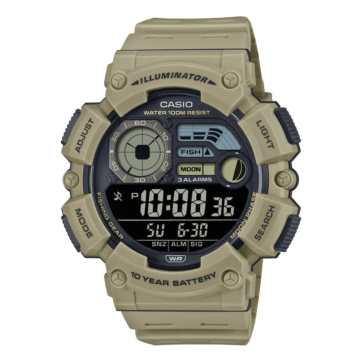 WS-1500H-5BV Reloj Casio Digital para Hombre con Correa de Resina, Fishing Gear y Fase Lunar 54 mm — original con garantía, L