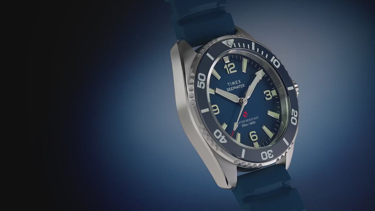 TW3A01900 Reloj Timex Deepwater de hombre correa de caucho azul · video oficial (timex.com)