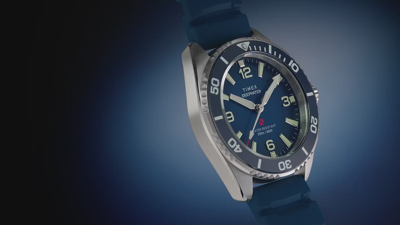 TW3A01900 Reloj Timex Deepwater de hombre correa de caucho azul · video oficial (timex.com)