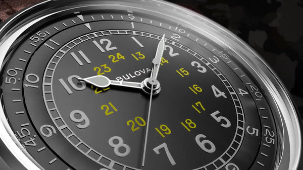 96A245 Reloj Bulova A-15 Pilot de hombre pulsera de cuero marrón · video oficial (bulova.com)