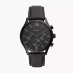 Reloj Fossil Fenmore multifunción de cuarzo con diseño completamente negro y correa de cuero.