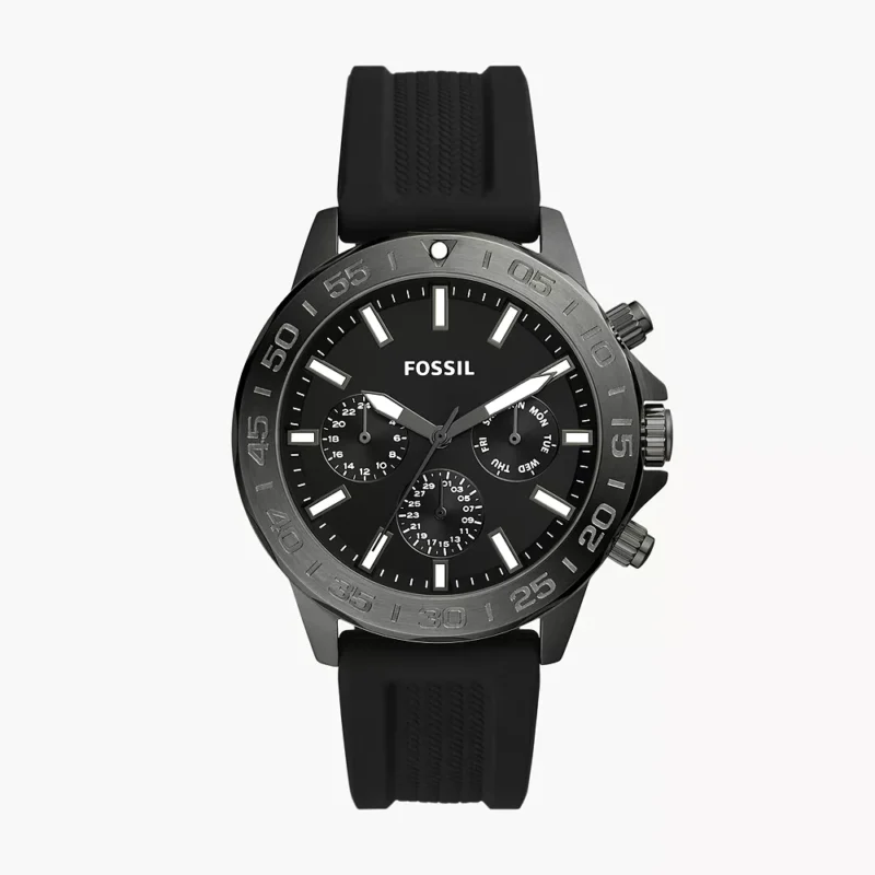 Reloj Fossil Multifunción Bannon BQ2711 para Hombre - vista frontal de la carátula negra y diseño robusto