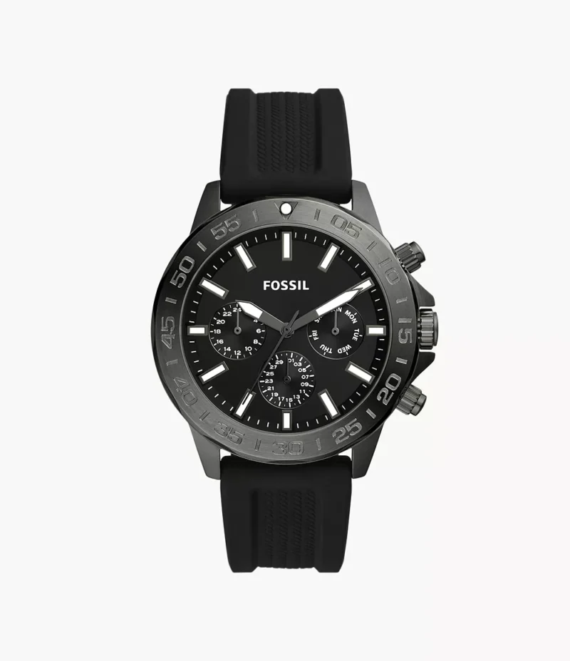 Reloj Fossil Multifunción Bannon BQ2711 para Hombre - vista frontal de la carátula negra y diseño robusto